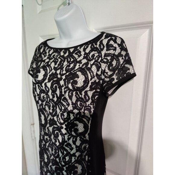 Lauren Ralph Lauren Ivory & Black Lace Bodycon Knee-Length Short Sleeve Dress 4 - Picture 2 of 11